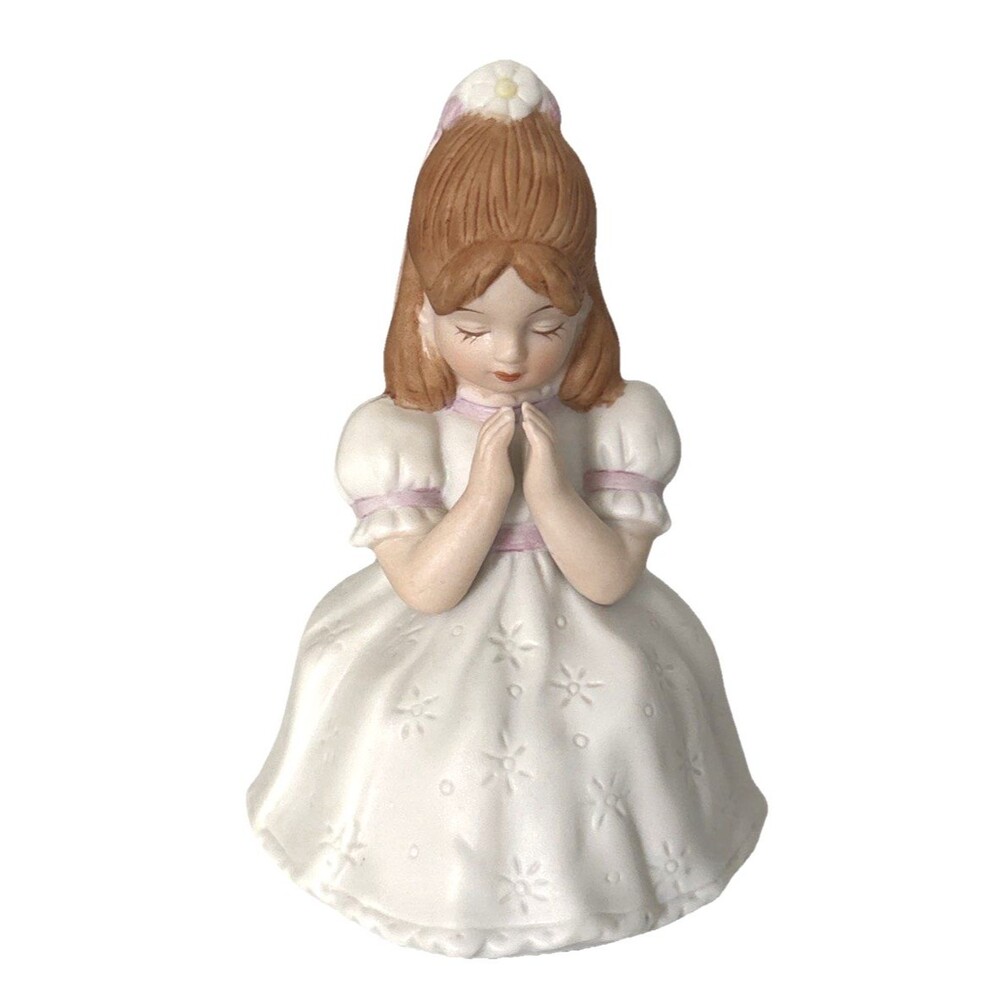 Vintage 1987 Enesco Praying Girl Figurine White Dress Pink Trim Porcelain